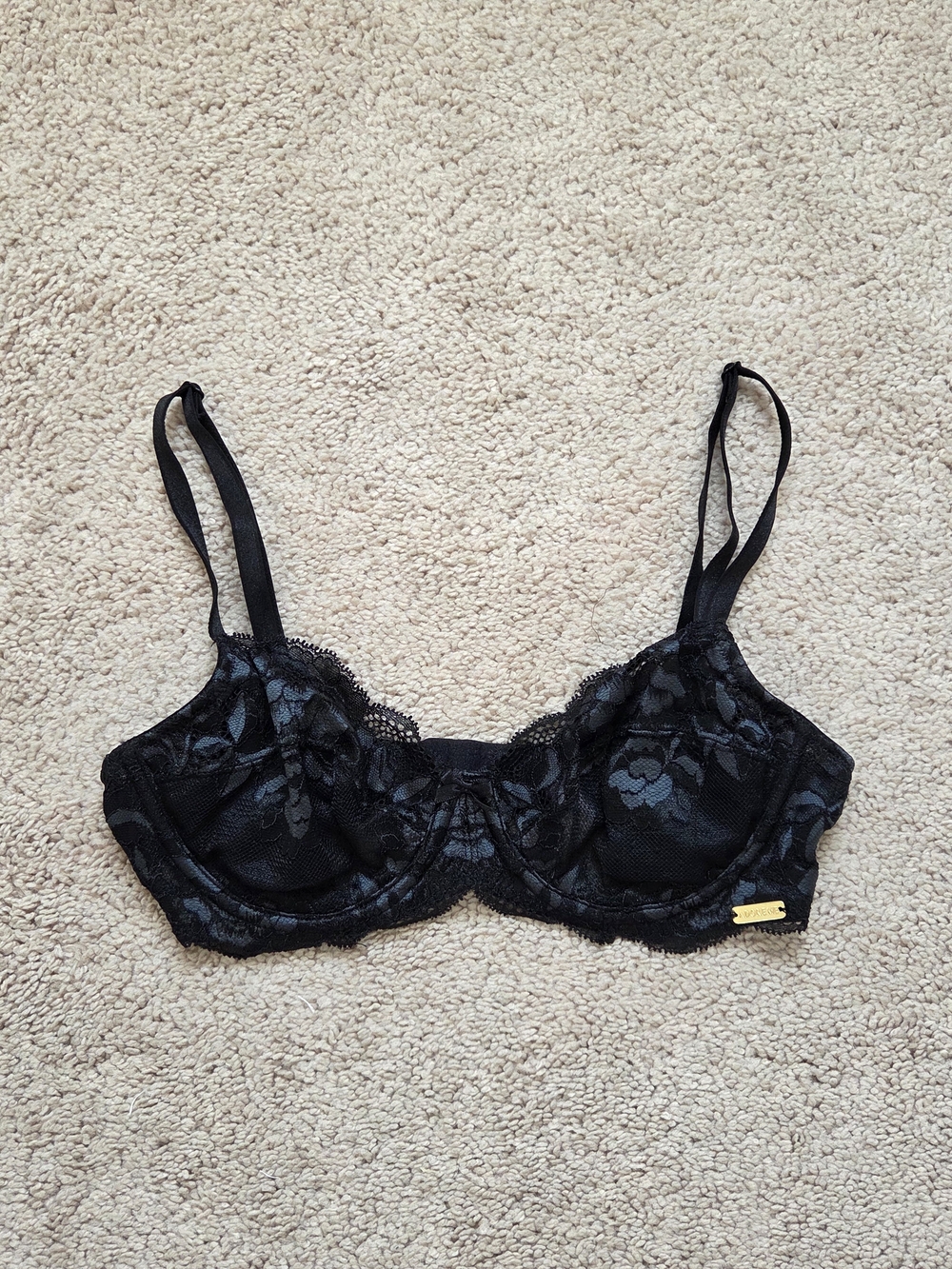 Adore Me Black Lace Underwire Balcony Bra with Floral Detail